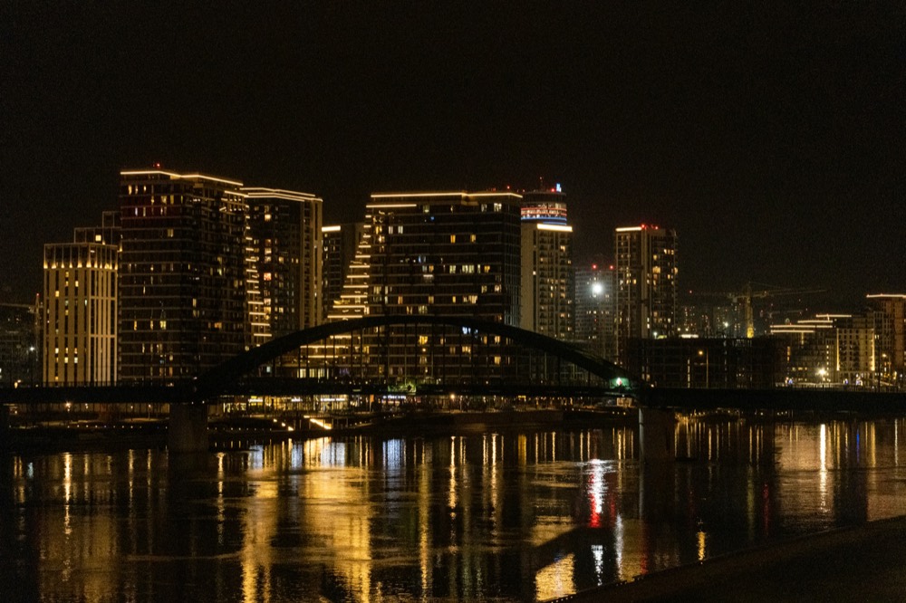 Belgrade riverfront skyline at night